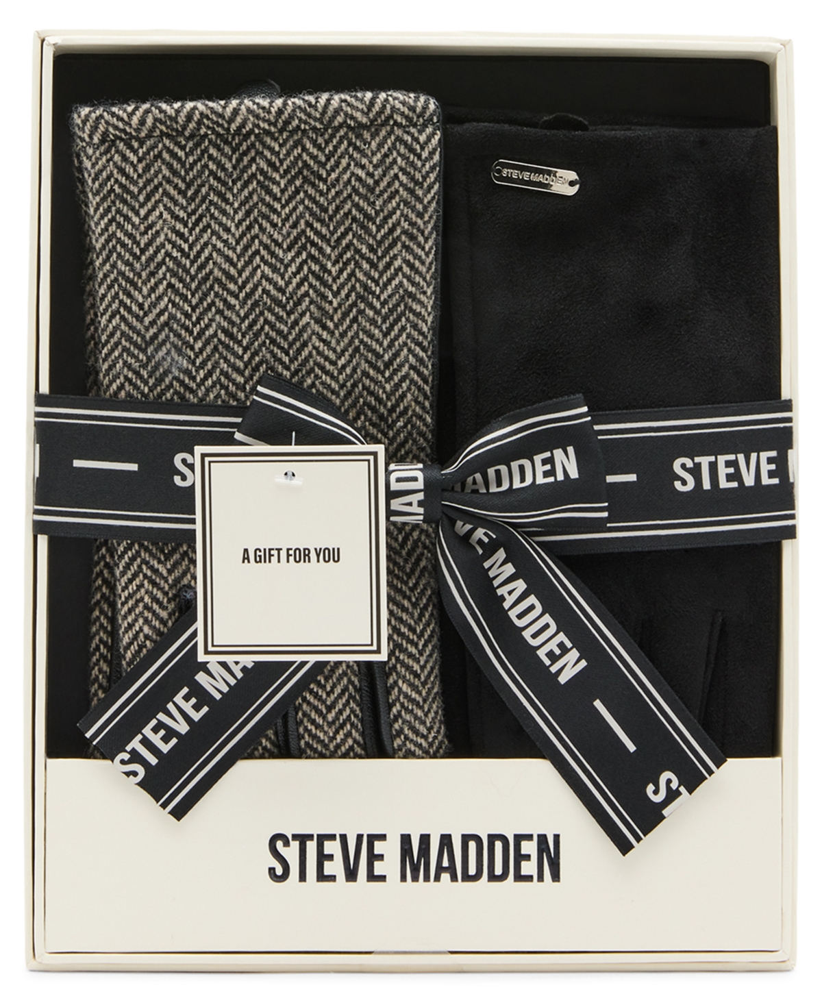 Steve Madden 2-Piece Herringbone and Faux Leather Glove Set