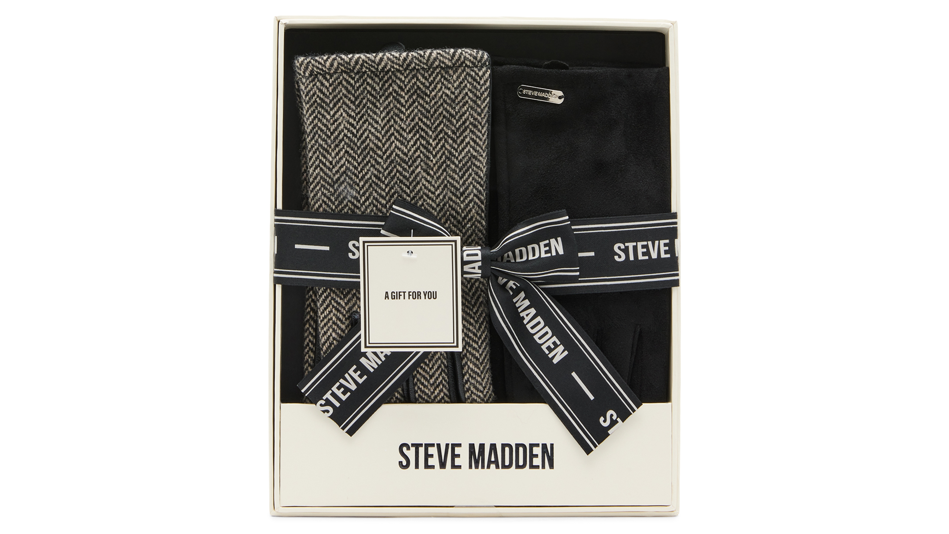 Steve Madden 2-Piece Herringbone and Faux Leather Glove Set