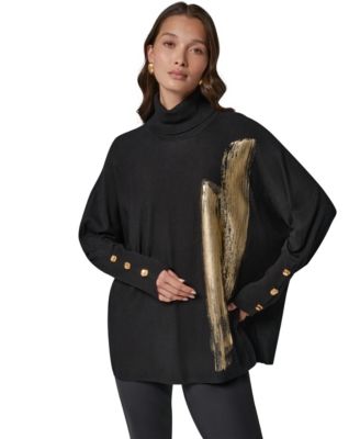 Petite Oversized Metallic Paint-Print Turtleneck Sweater