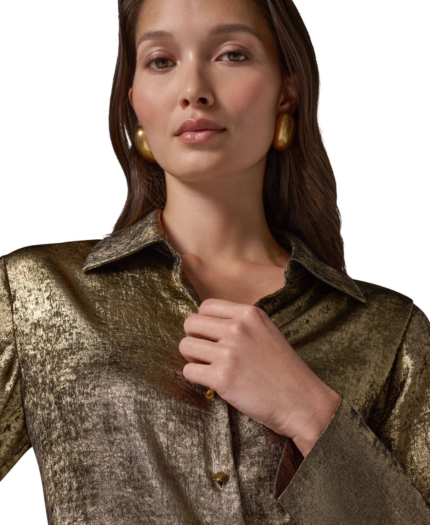 Женская блузка Donna Karan New York Petite Long-Sleeve Point-Collar Pointy-Asymmetrical-Hem Blouse, цвет: Золотой — фото 5