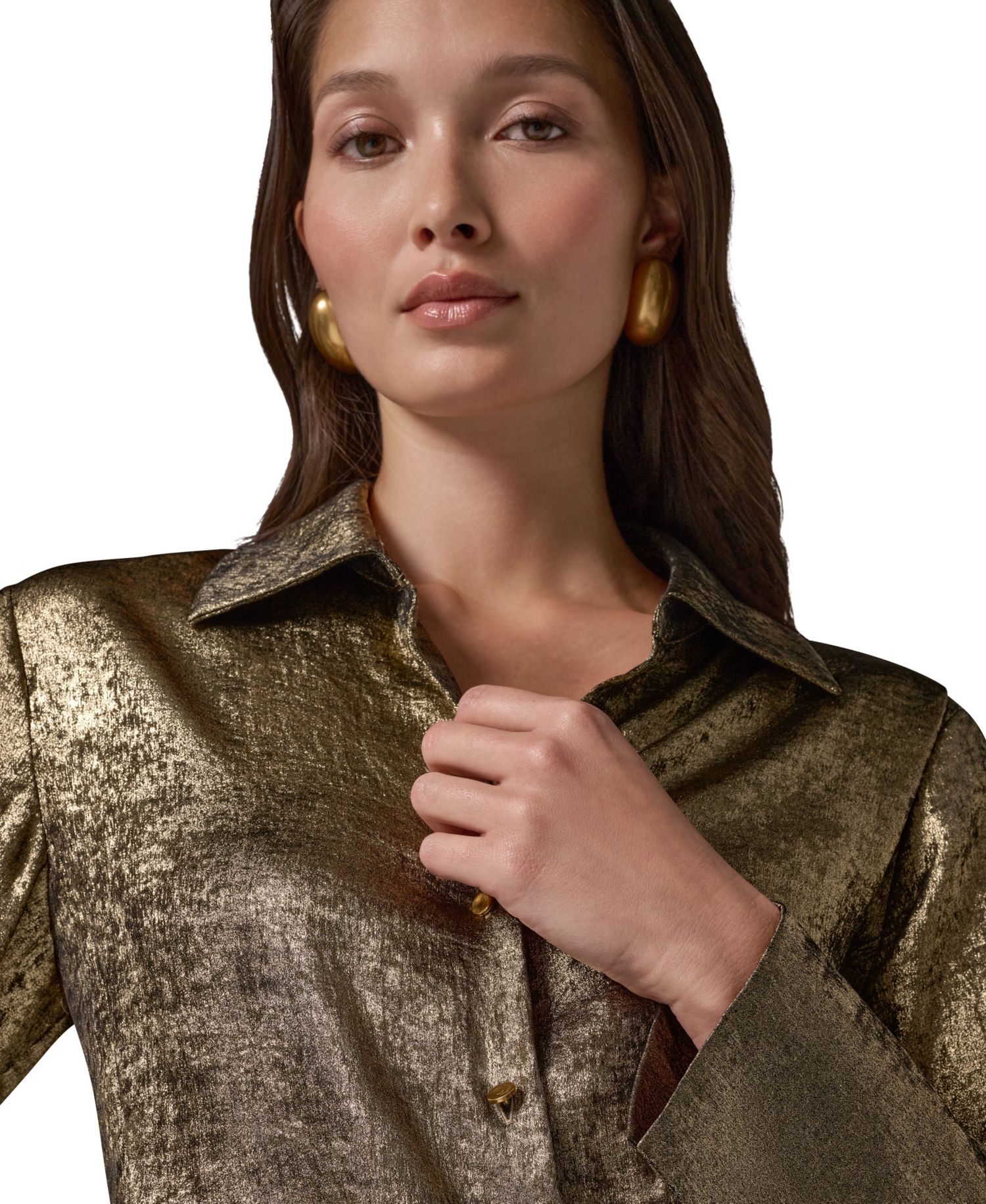 Petite Long-Sleeve Point-Collar Pointy-Asymmetrical-Hem Blouse
