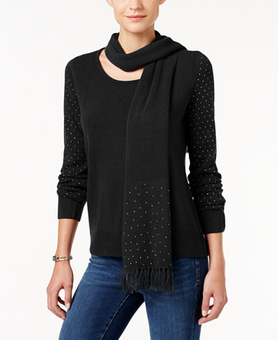 Karen Scott Luxsoft Embellished Scoop-Neck Sweater with Scarf, Only at Macy's