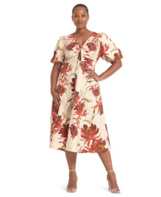 Plus Size Adelia Floral-Print Empire-Waist V-Neck Midi Dress