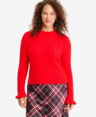 Women's Cable-Knit Crewneck Ruffle Trim Sweater