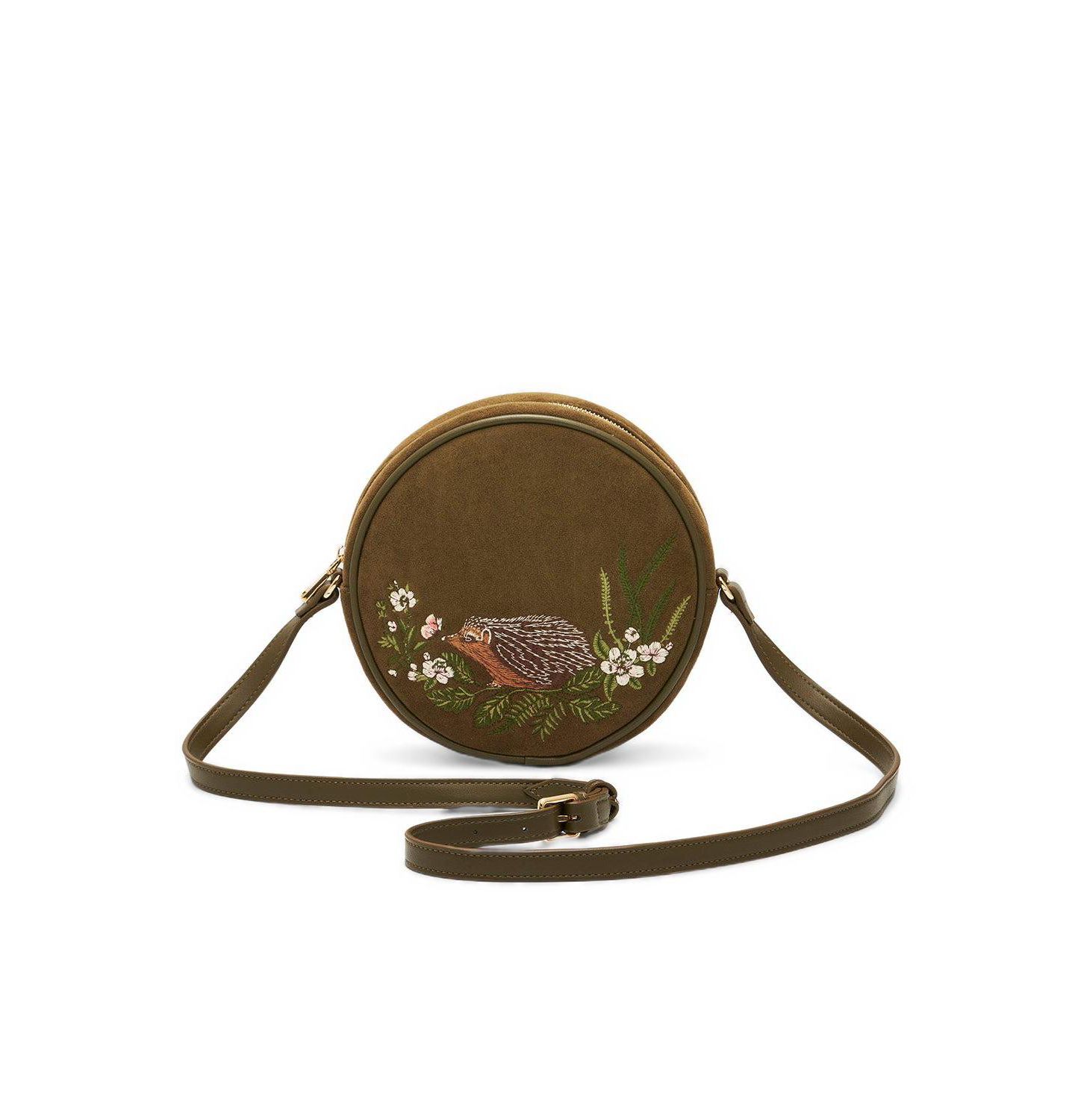 Женская сумка Fable England Chloe Hedgehog Embroidered Faux Suede Circle, цвет: Хаки — фото 1
