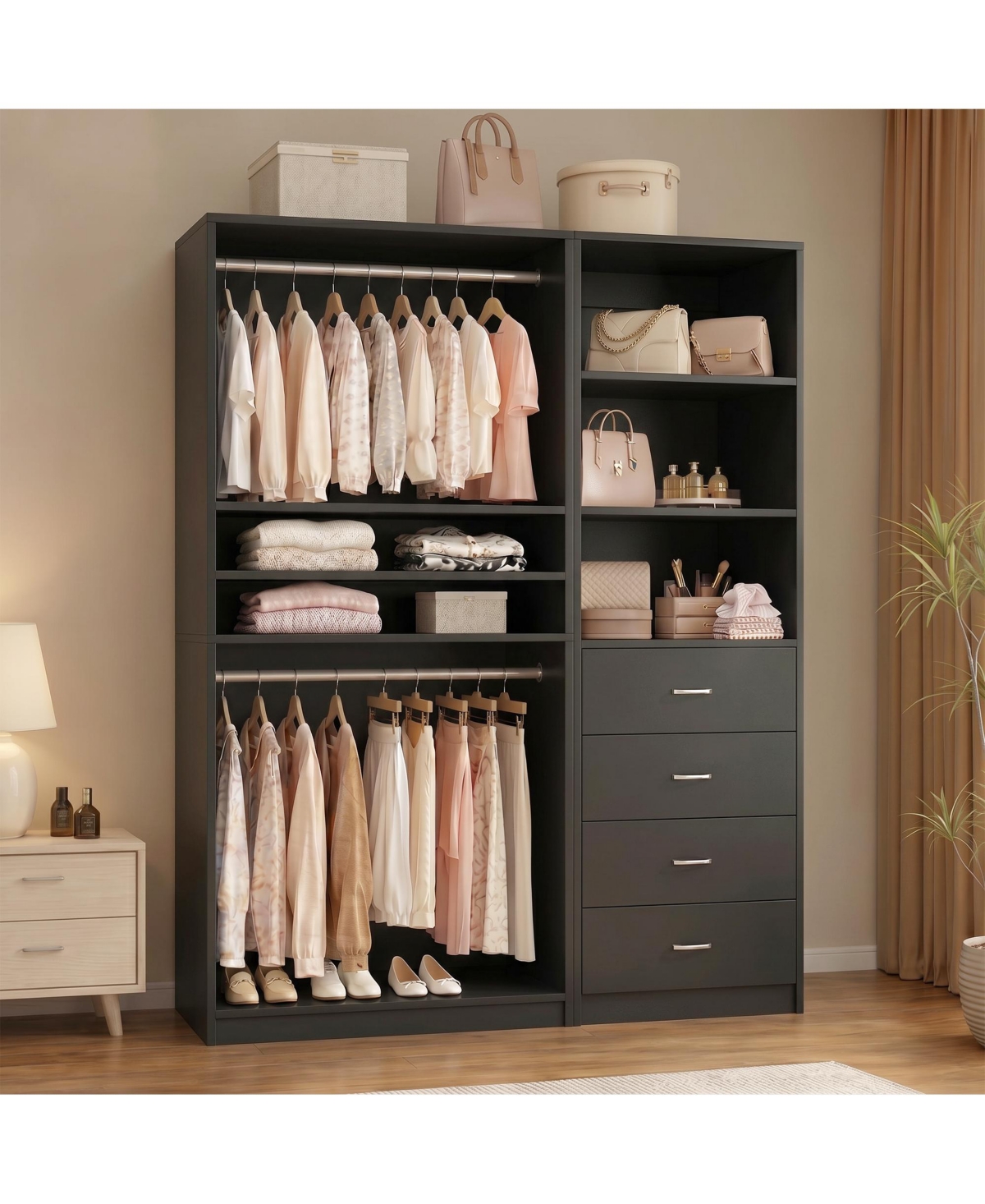 Aheaplus Wooden Closet Organizers Set with 4-Drawers and 5-Shelves, Closet System - Black