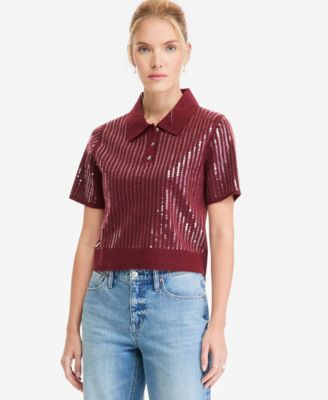 Women's Short Sleeve Sequin Polo Sweater