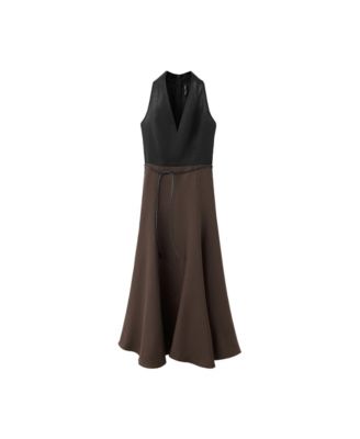 Women's Bicolor A-Line Midi Sleeveless V-Neck Dress