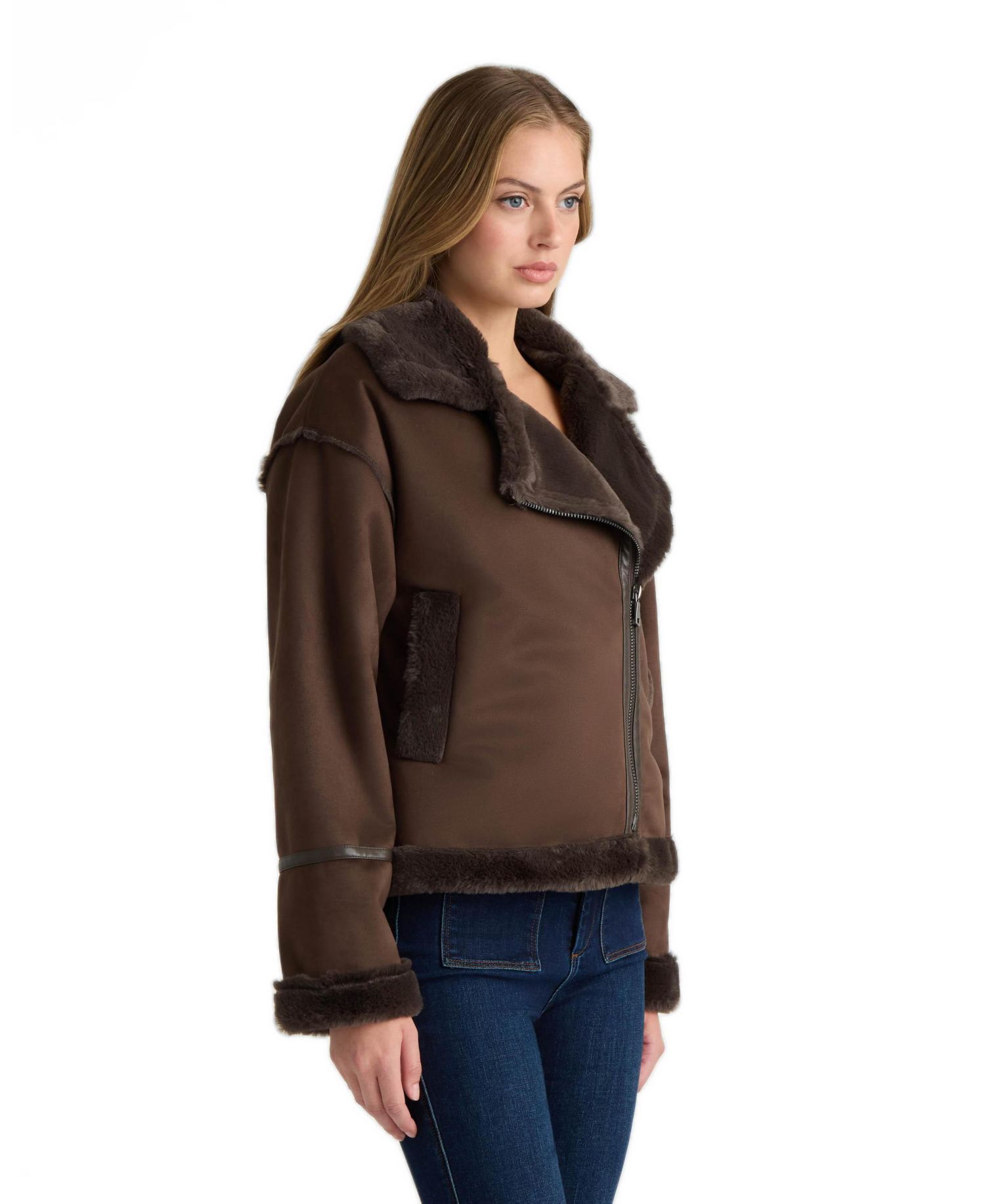Women's Short Faux Suede Bonded to Faux Fur Shearling Biker Jacket