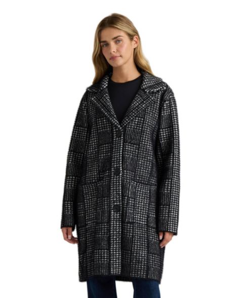 Женские куртки NVLT Patterned Notch-Collar Coatigan, цвет: Чёрный клетчатый