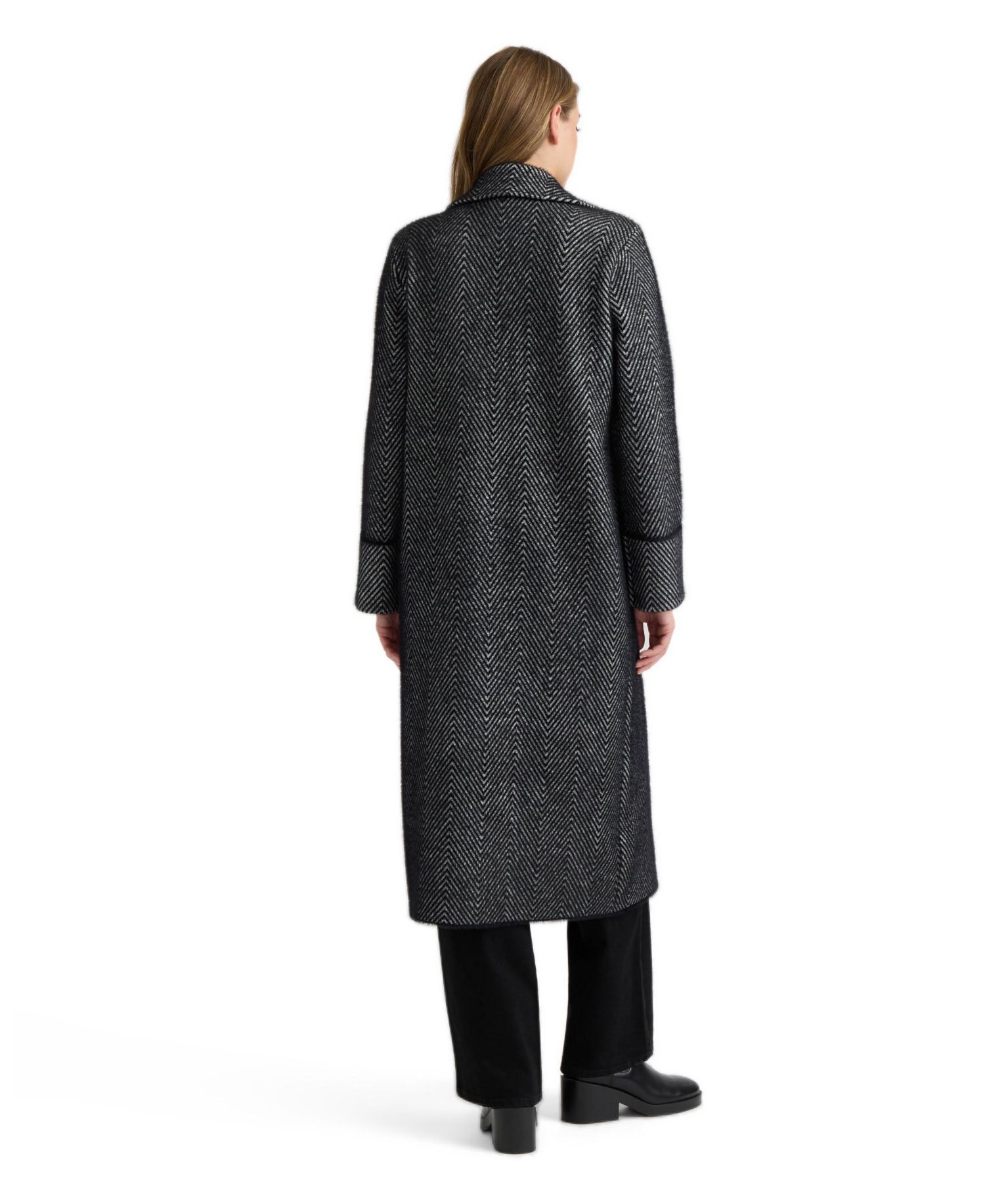 Women's Eyelash Double-Breasted Notch Collar Herringbone Long Coatigan