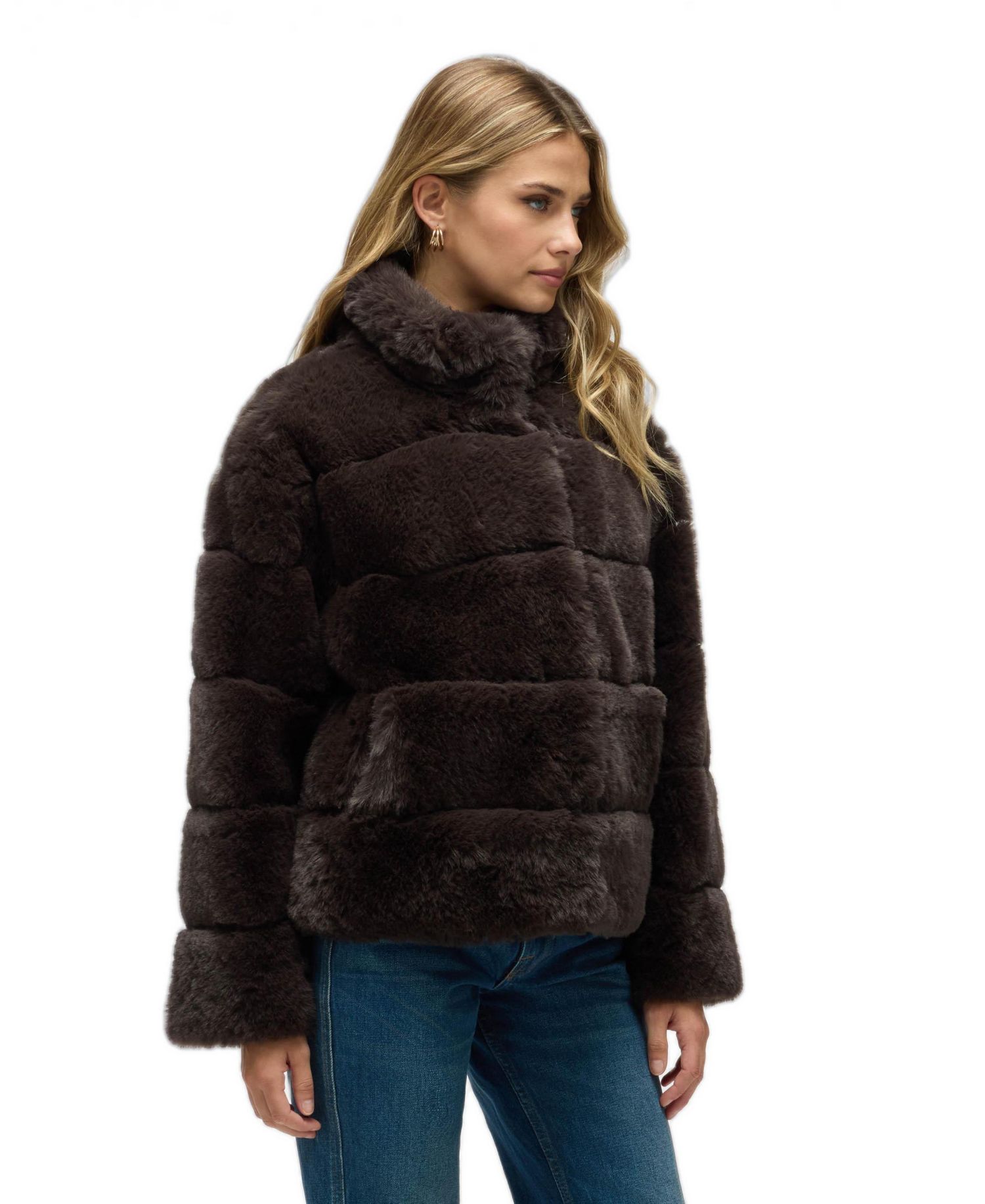 Women's Wide Stripe Faux Fur Jacket with Stand Collar