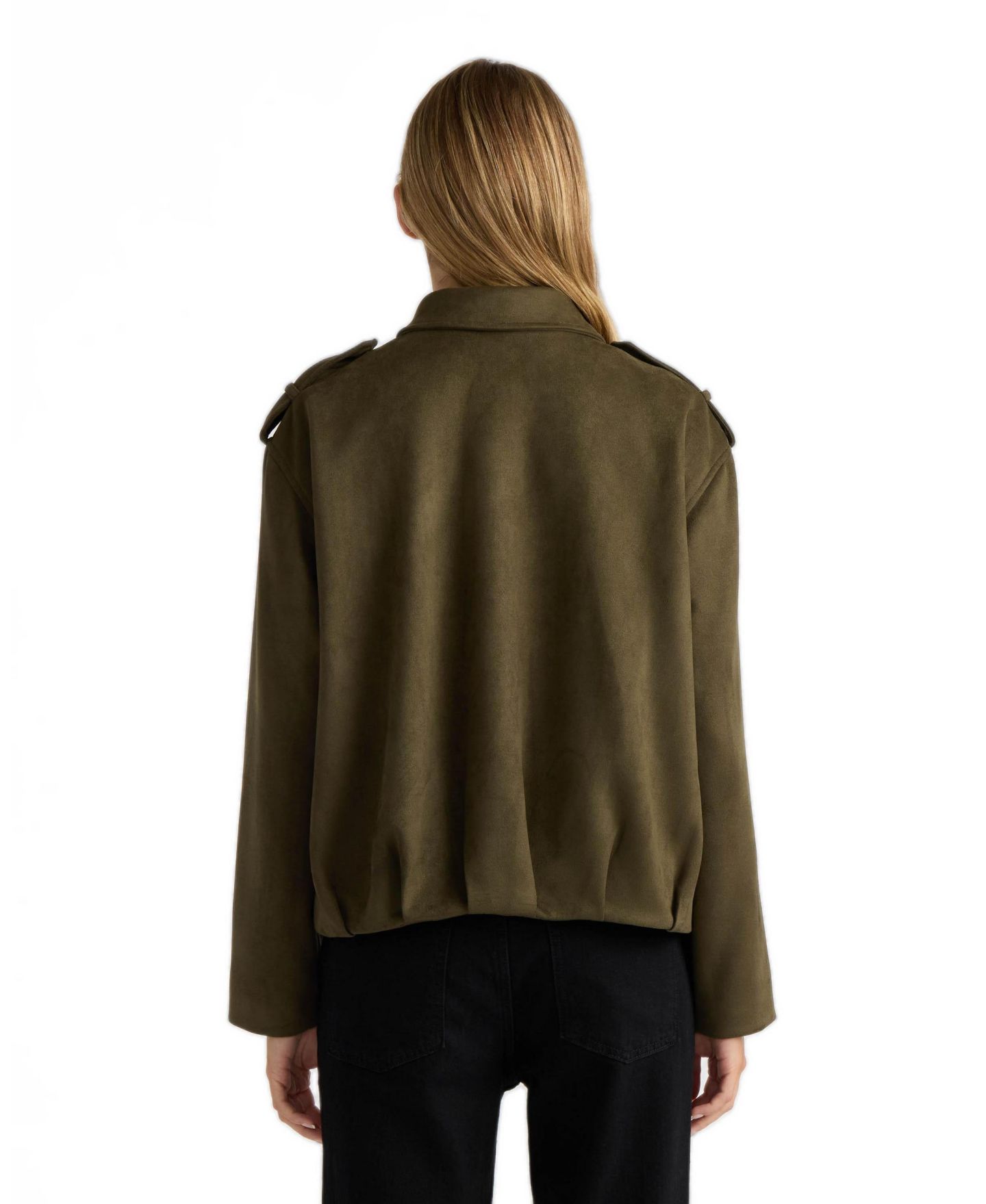 Женская куртка NVLT Faux-Suede Pleated Shirt-Collar Bomber, цвет: Оливковый ночной — фото 2