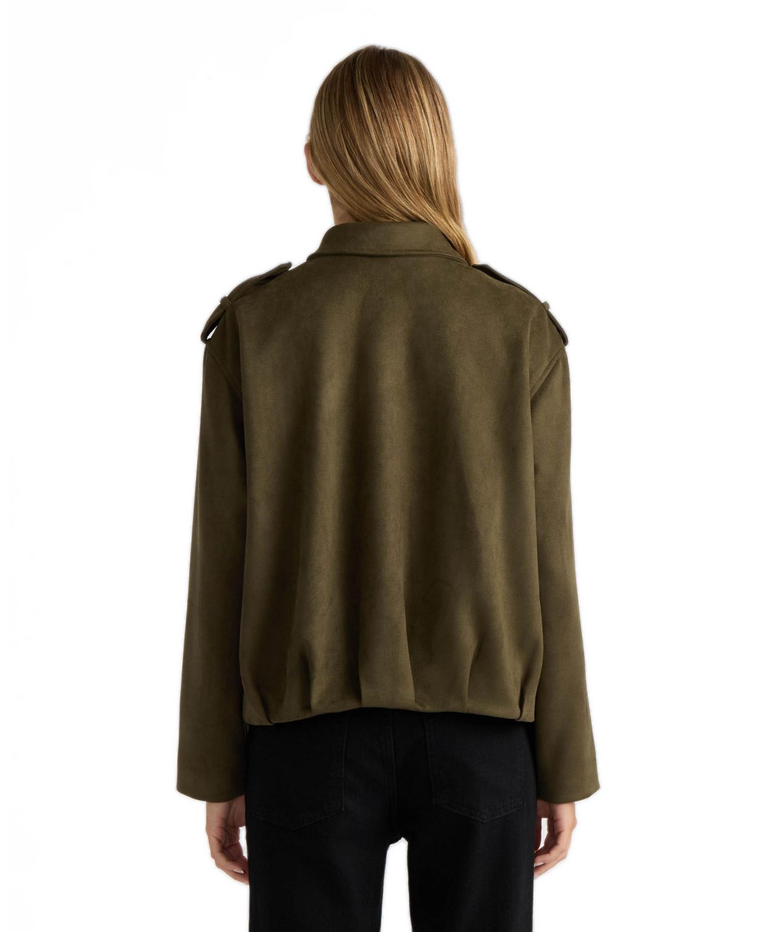 Women's Faux-Suede Pleated Shirt-Collar Bomber Jacket
