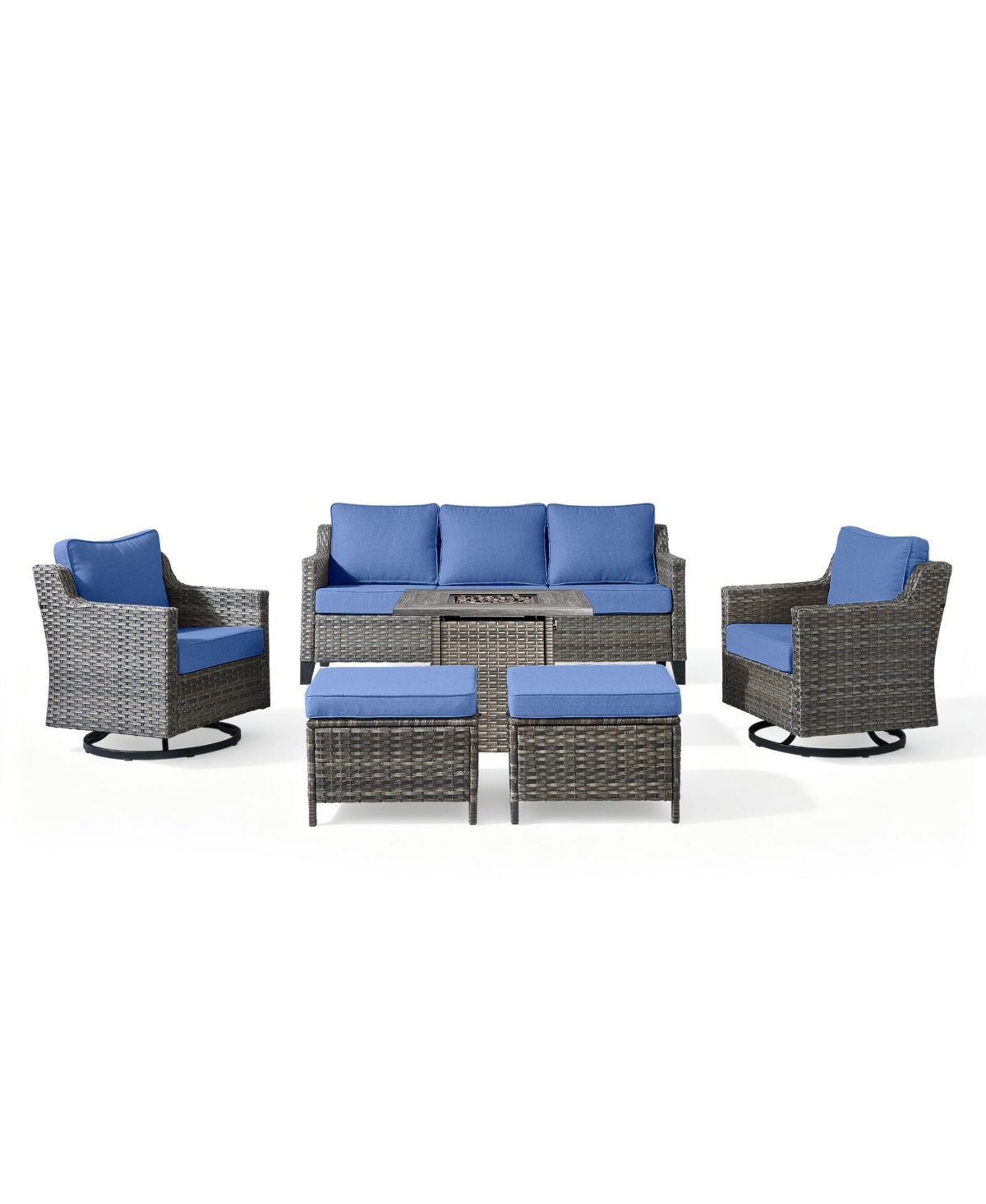 Pocassy 6-Piece Outdoor Furniture Set with Fire Pit Table, Wicker Patio Conversation Set with Cushions and Swivel Glide Chairs