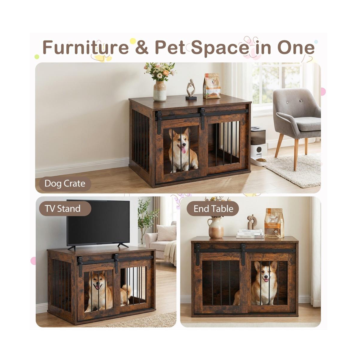 Ruie Dog Crate Furniture 31.5 in Wooden Pet Kennel End Table with Sliding Barn Door