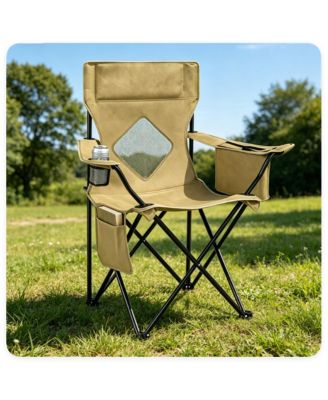 Folding Camping Chair with Cooler Bag, Cup Holder, Side Pocket and 330-lb Capacity, Green and Black