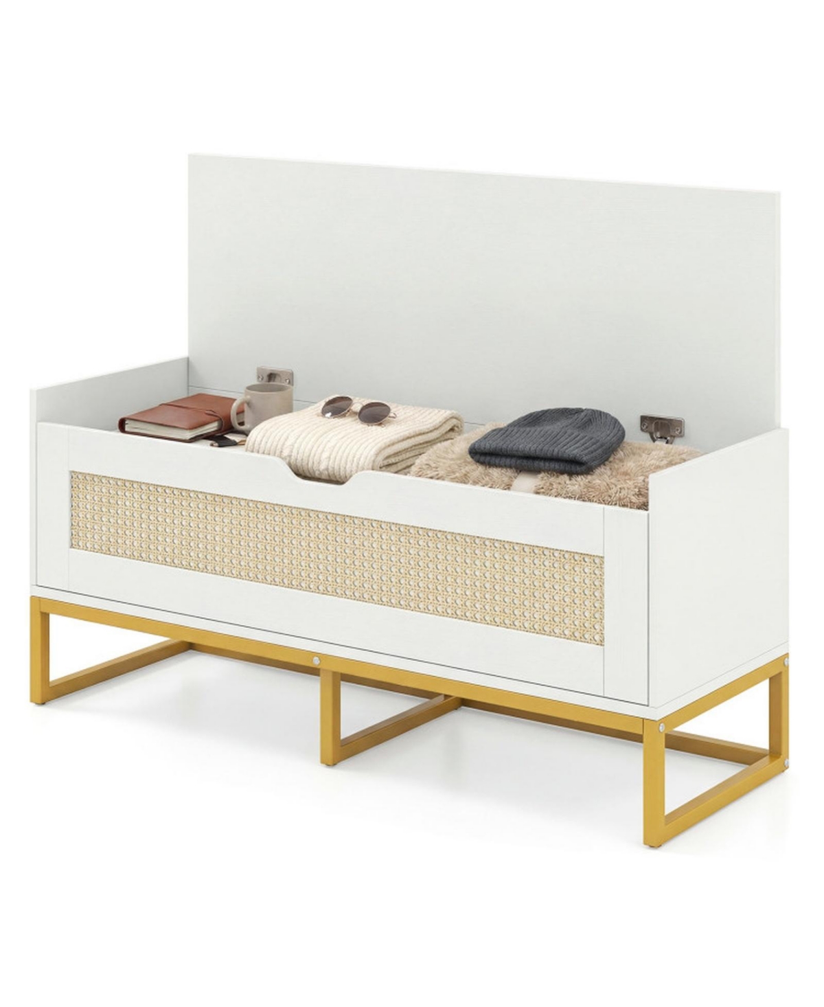 Sugift 39.5inches Rattan Storage Chest Wicker Shoe Bench with Padded Seat Flip-Top