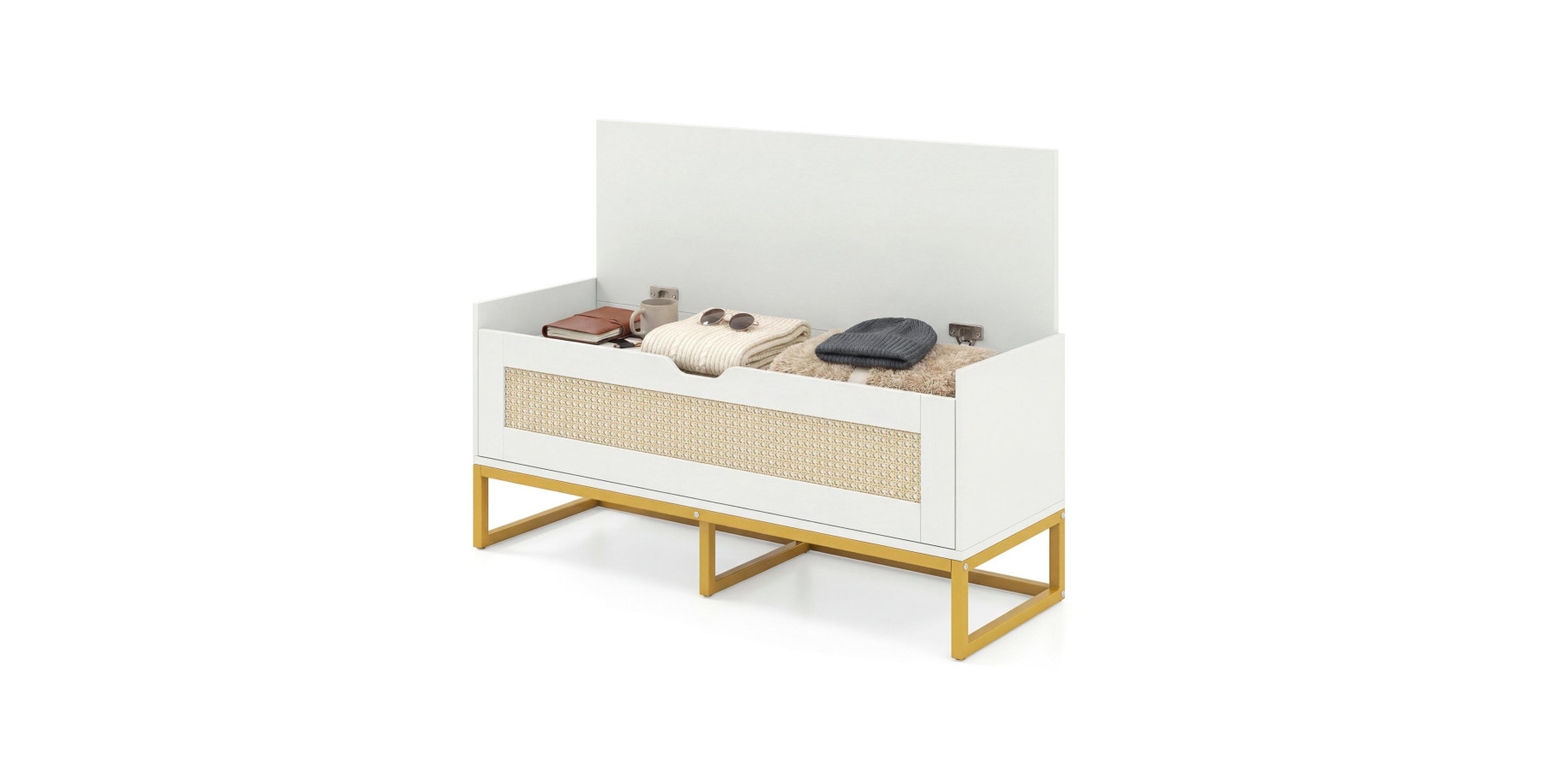 Sugift 39.5inches Rattan Storage Chest Wicker Shoe Bench with Padded Seat Flip-Top