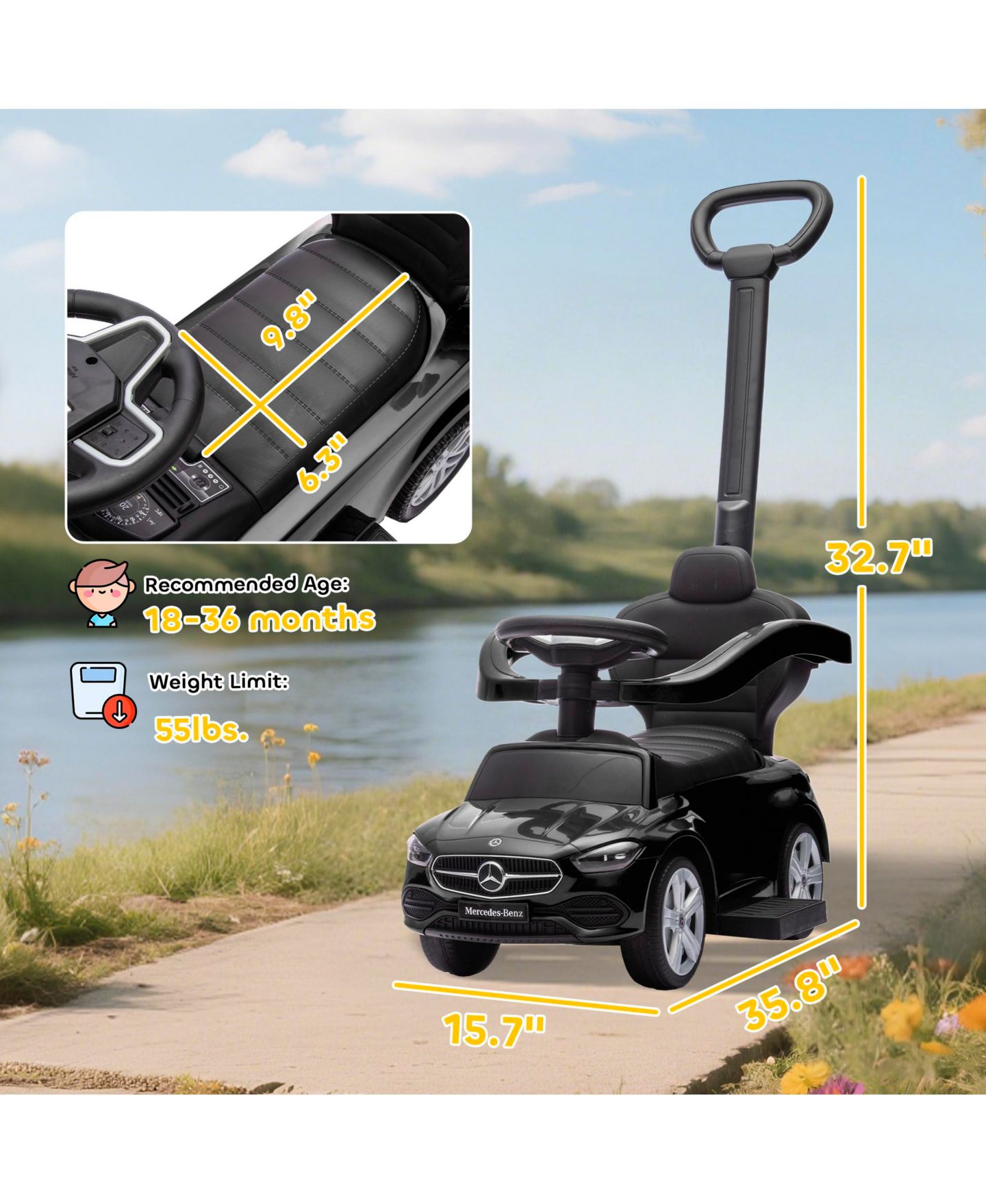 Детская игрушка Qaba Mercedes-Benz C-Class 2-in-1 Ride-On Car with Under-Seat Storage, 55 lbs, Ages 1.5-3, цвет: Чёрный — фото 3