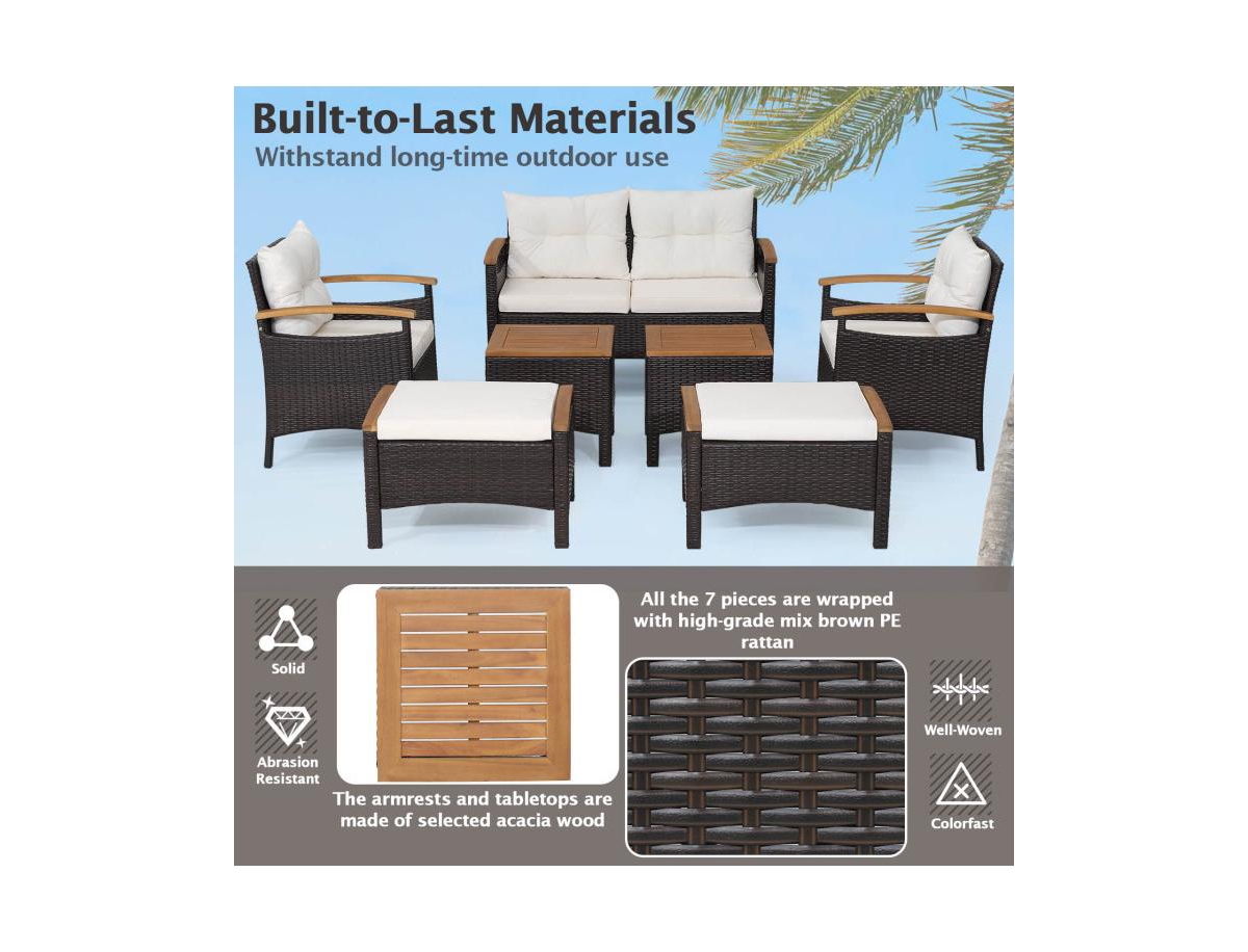 Mondawe 7 Piece Rattan Patio Sofa Set with Acacia Wood Tabletop and Armrests