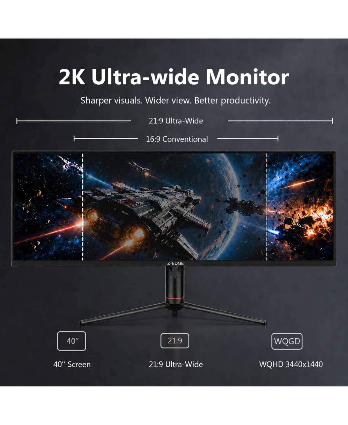 Z-edge UG40S 40" 21:9 Wqhd 3440x1440 144Hz 1ms Ips Gaming Monitor, FreeSync, Height/Tilt/Swivel Adjustable