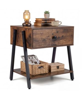 Industrial Nightstand with Wooden Drawer Open Shelf and Adjustable Foot Pads