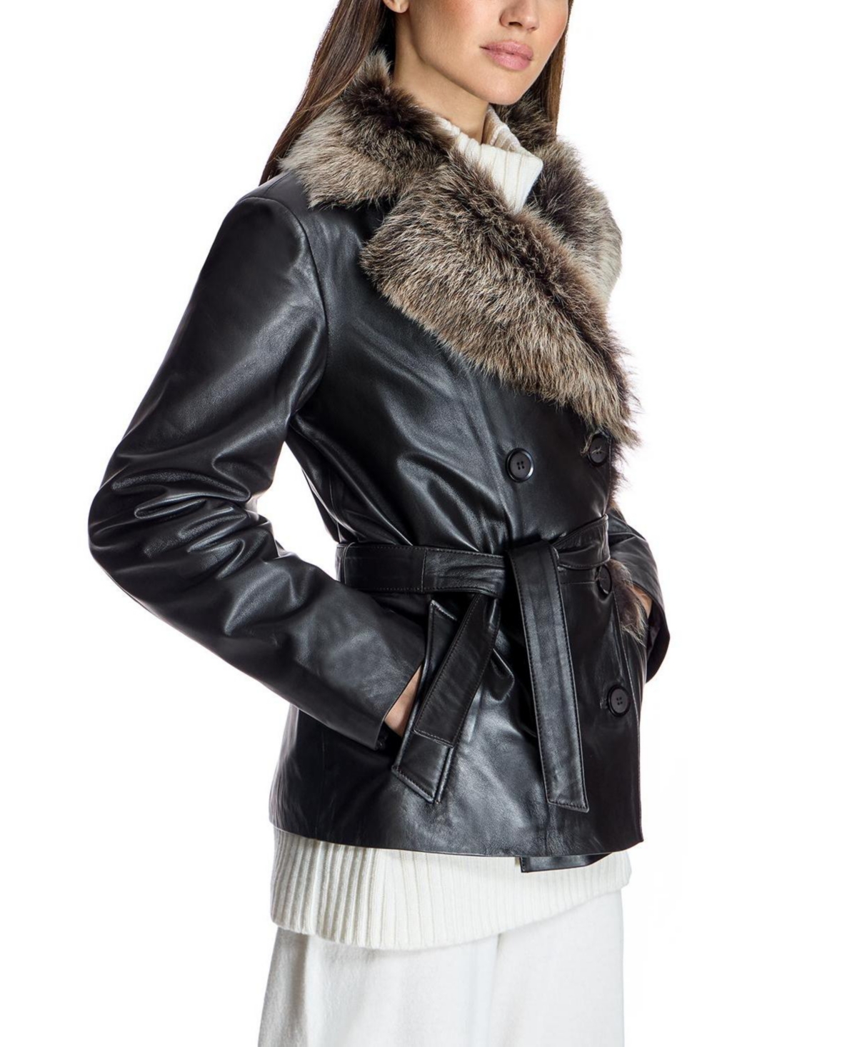 Julia & Stella By Maximilian Women's Belted Leather Jacket with Toscana Lamb Collar