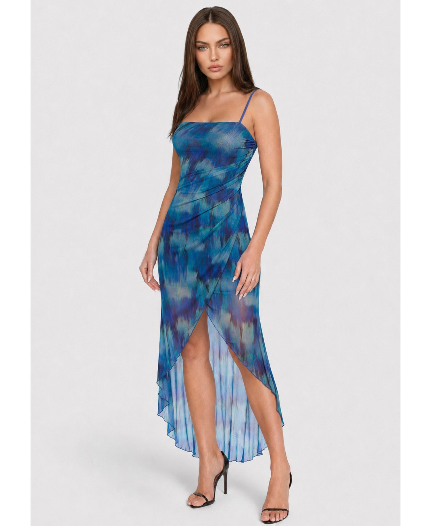 Women's Square Neck Hi-Low Mesh Maxi Dress