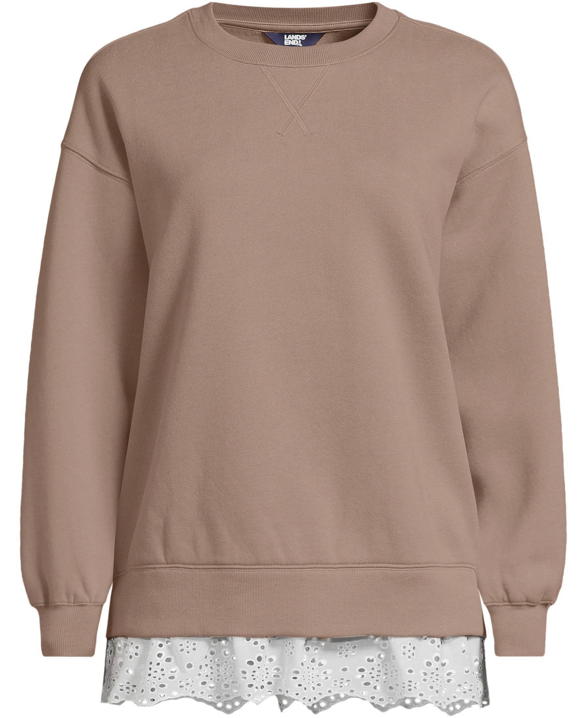 Lands' End Women's Long Sleeve Serious Sweats Lace Hem Crew Neck Tunic Sweatshirt