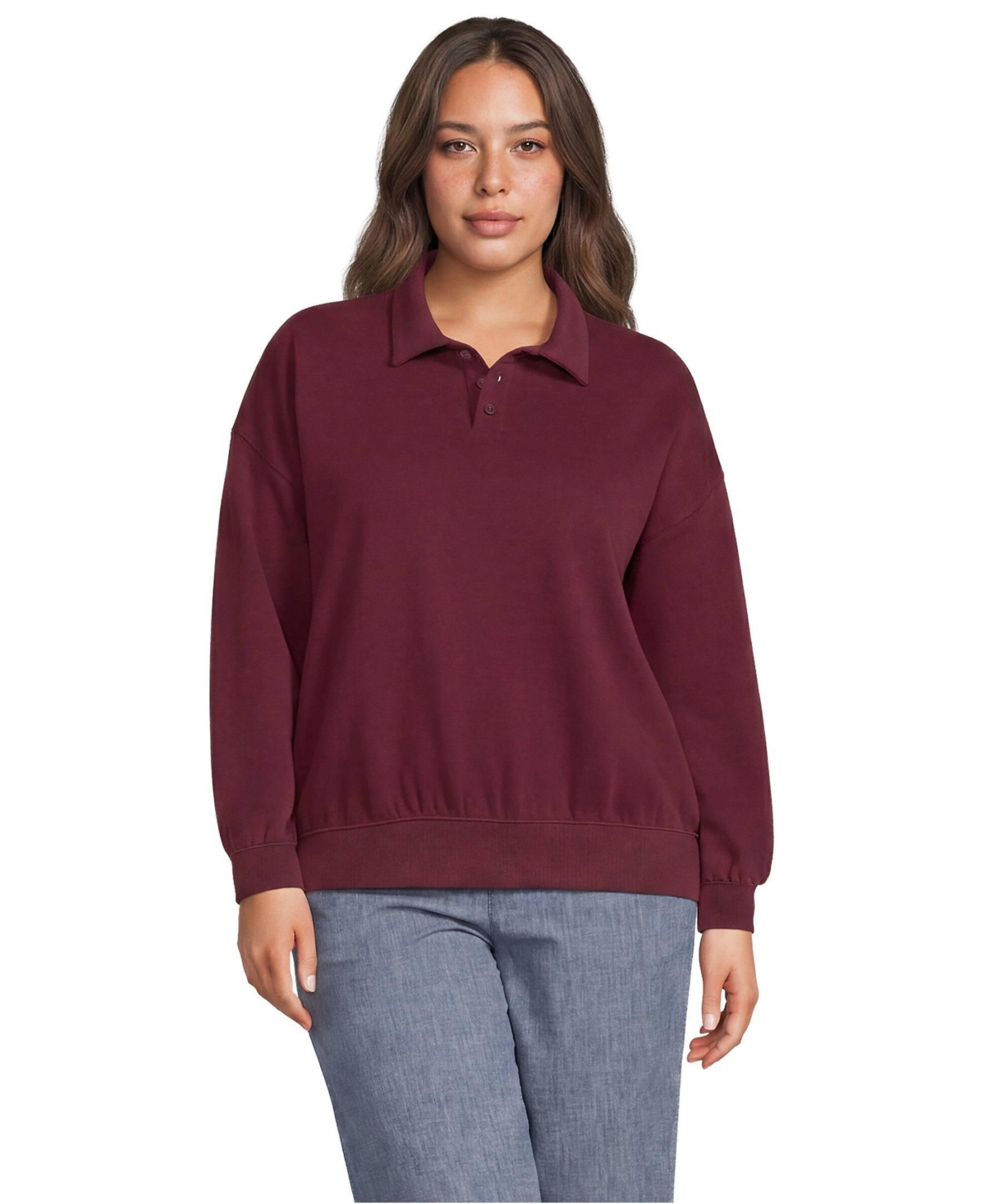 Lands' End Plus Size Long Sleeve Serious Sweats Polo Collar Sweatshirt - Rich burgundy