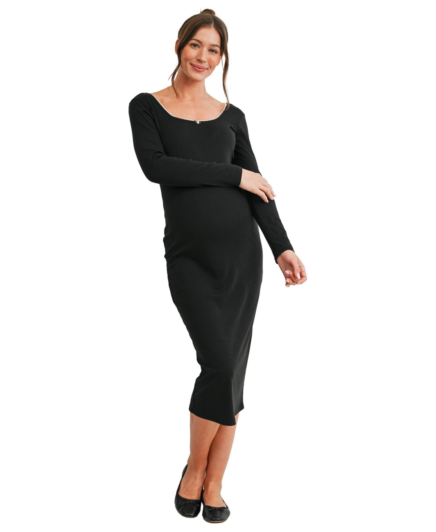 Maternity Bodycon Long-Sleeve Lace Trim Midi Dress