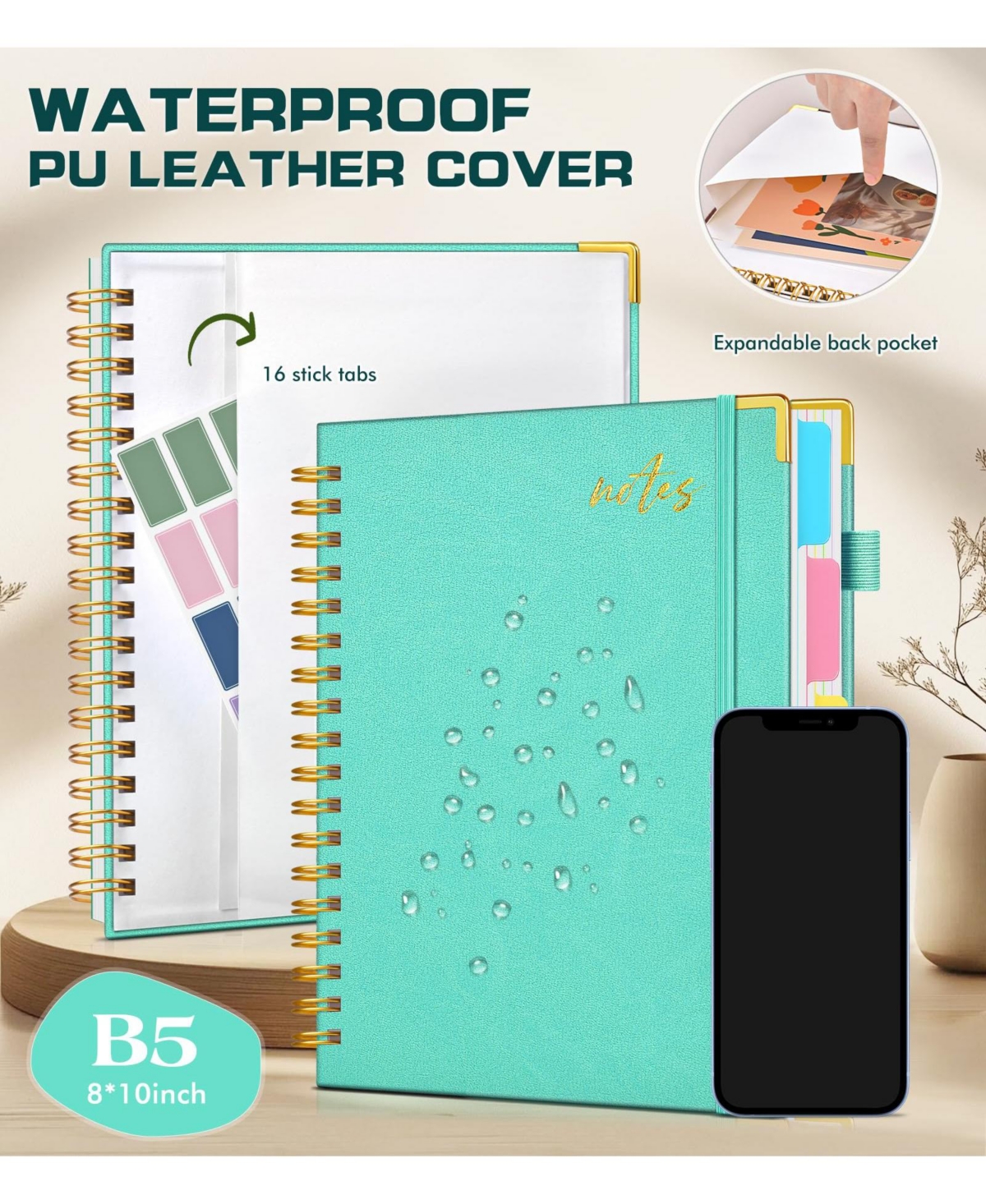 Danrong Leather Spiral Notebook 5 Subject Removable Dividers College Ruled 300 Pages