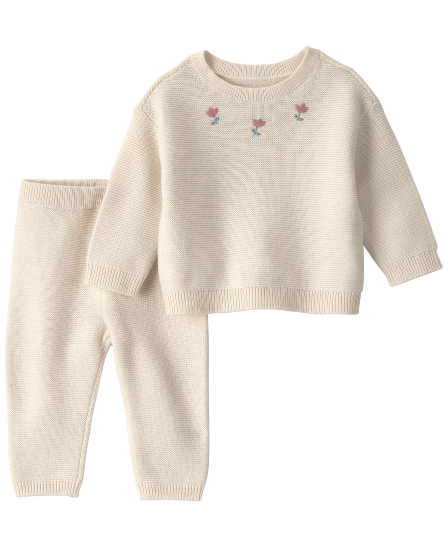 Baby Girls' Sweater Knit Floral-Embroidered Sweater and Pants, 2-Piece Set