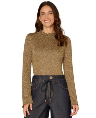 Women's Mock Neck Long Bell Sleeve Animal Print Blouse