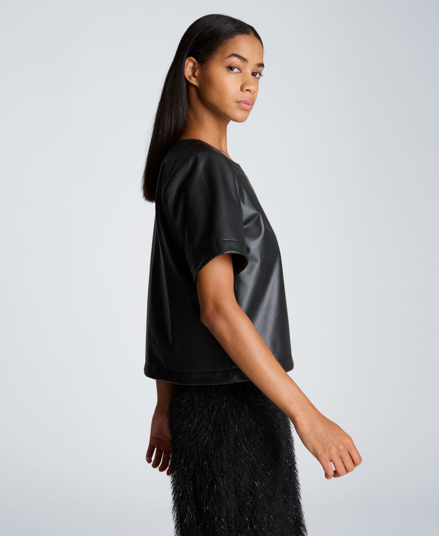 Women's Faux Leather Short Sleeve Crop T-Shirt