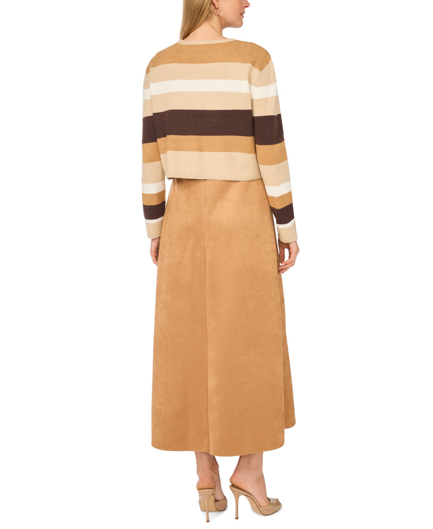 Women's Long-Sleeve A-Line Midi Striped Faux Suede Dress and Sweater, 2-Piece Set