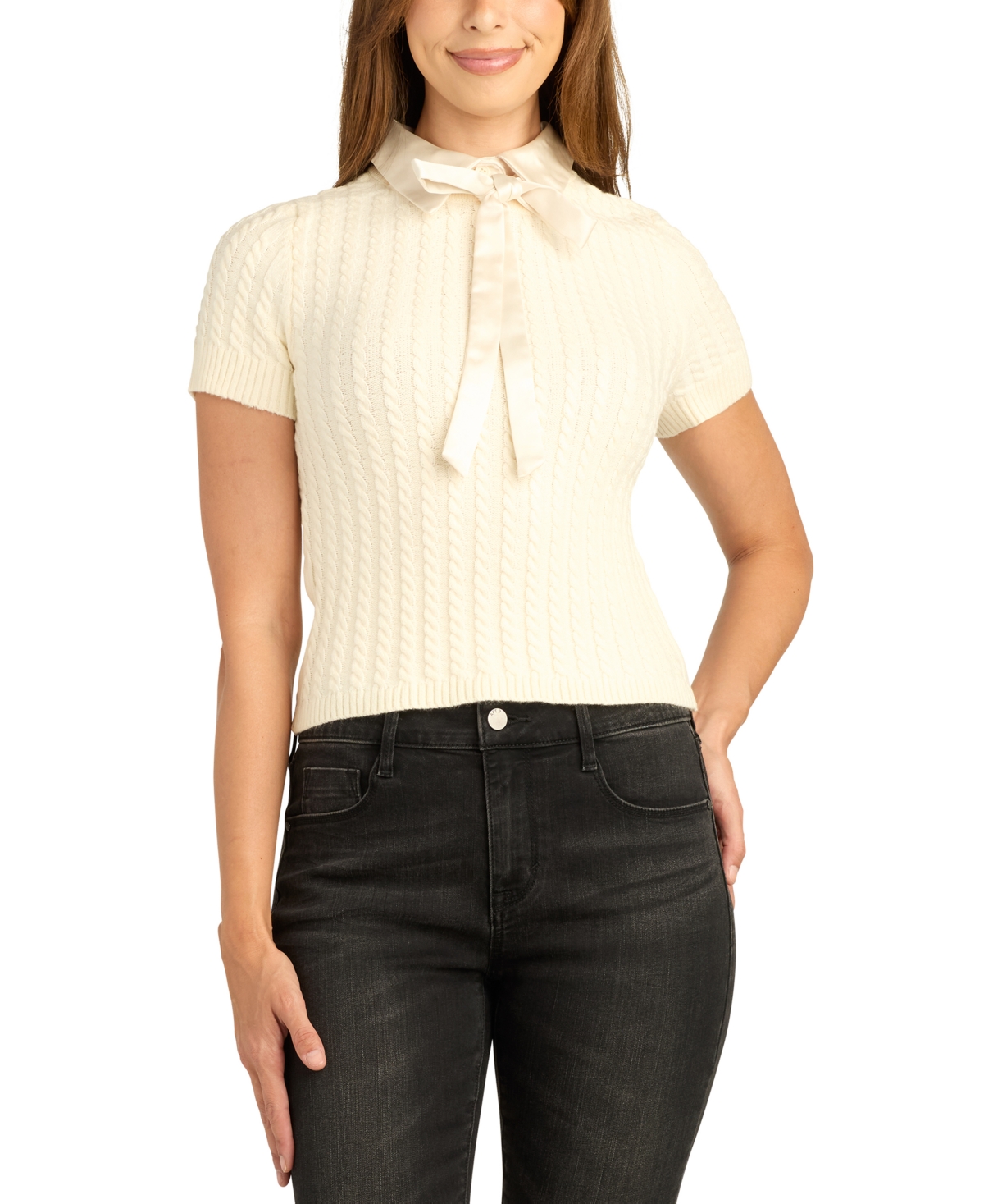 Bcx Juniors' Cable-knit Contrast-collar Back-zipper Short-sleeve Pullover Sweater In Ivory