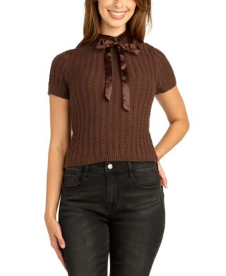 Juniors' Cable-Knit Contrast-Collar Back-Zipper Short-Sleeve Pullover Sweater
