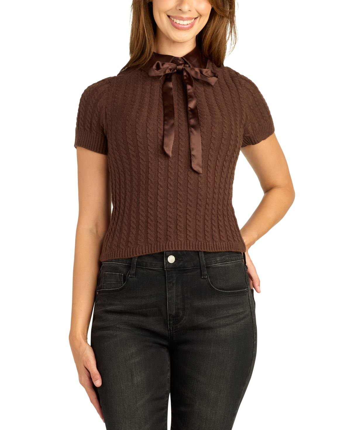 Bcx Juniors' Cable-knit Contrast-collar Back-zipper Short-sleeve Pullover Sweater In Chocolate