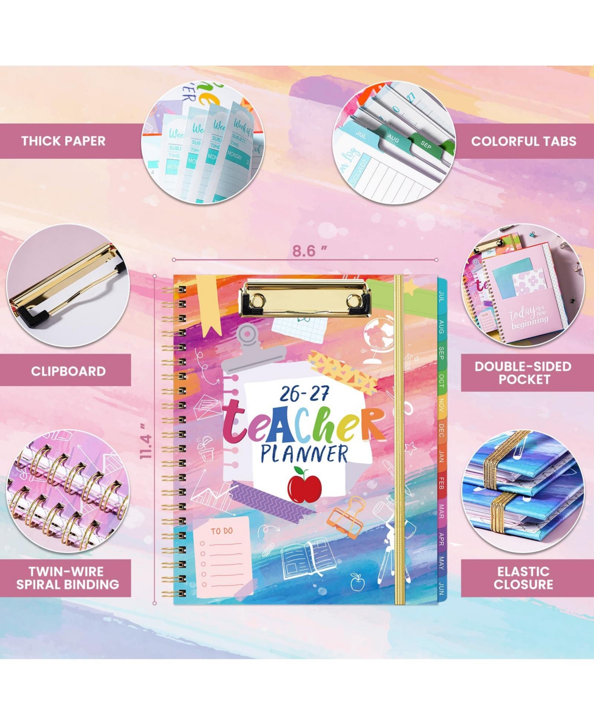 Danrong Teacher Planner Weekly Monthly Academic Plan Book With Color Tabs Pocket Clipboard