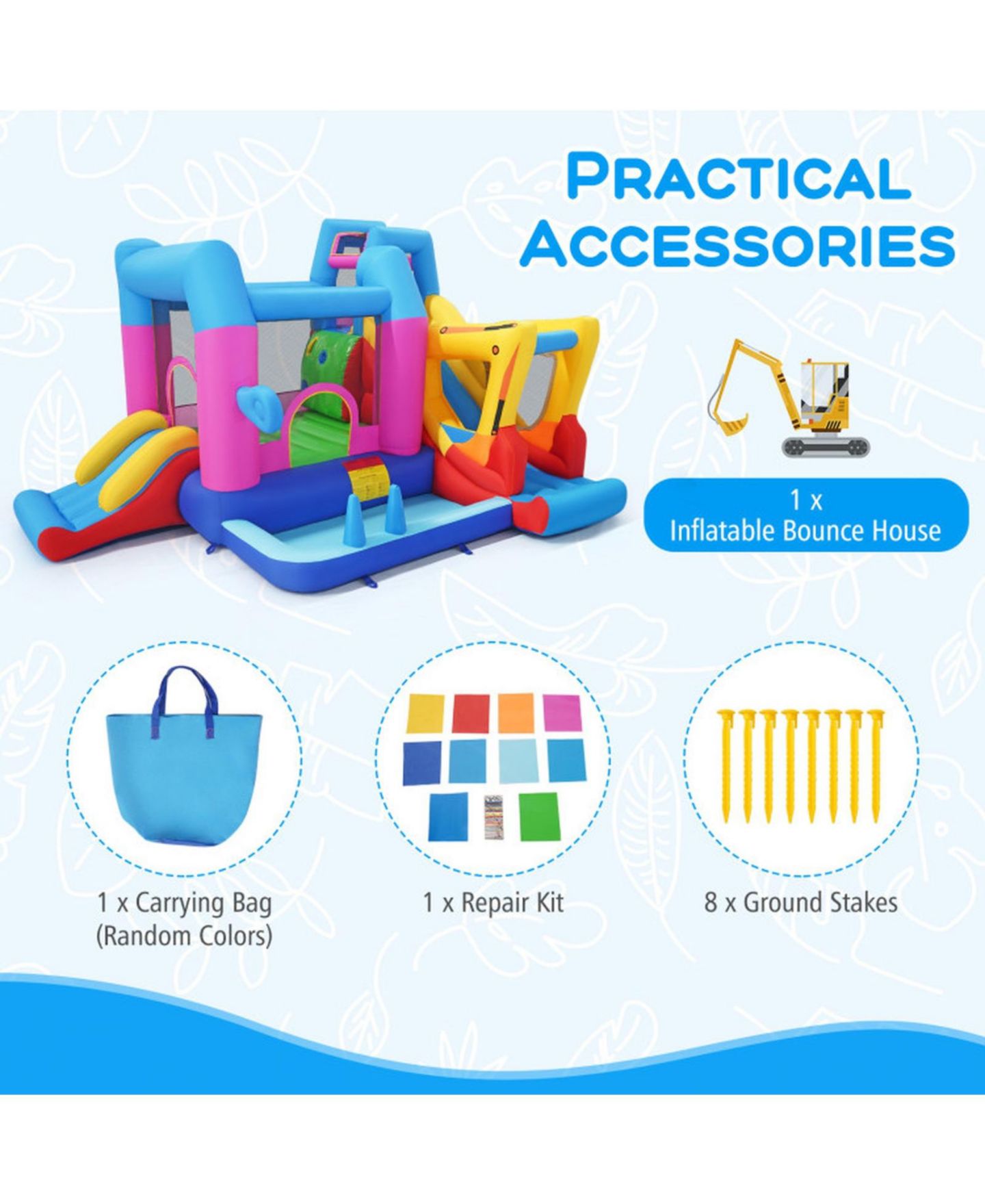 Детские игрушки SUGIFT 8-in-1 Excavator Themed Inflatable Bounce House with Dual Slides and Climbing Wall, Supports up to 2 Players, Ages 3-12, цвет: Синий — фото 8