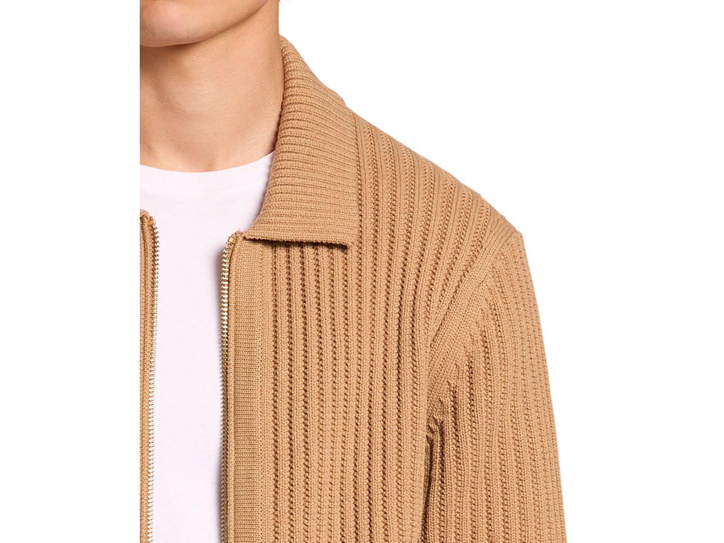 Мужской кардиган Michael Kors Long-Sleeve Ribbed Cotton-Blend Zip-Up, цвет: Тёмный верблюжий — фото 2