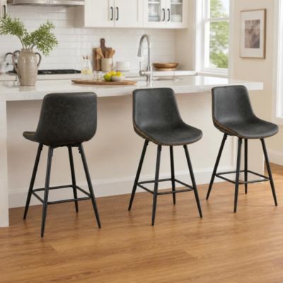 Bar Stools Set of 3 with Backs, Counter Height Faux Leather Barstools, Metal Legs, Sawtooth Stitching