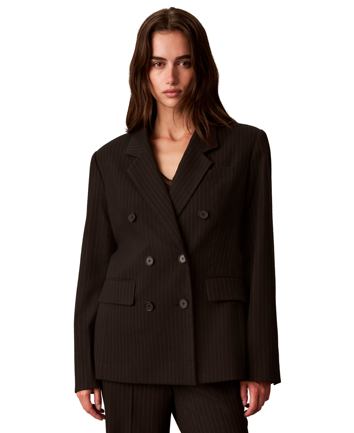 Calvin Klein Women's Double-Breasted Pinstripe Notch Collar Blazer