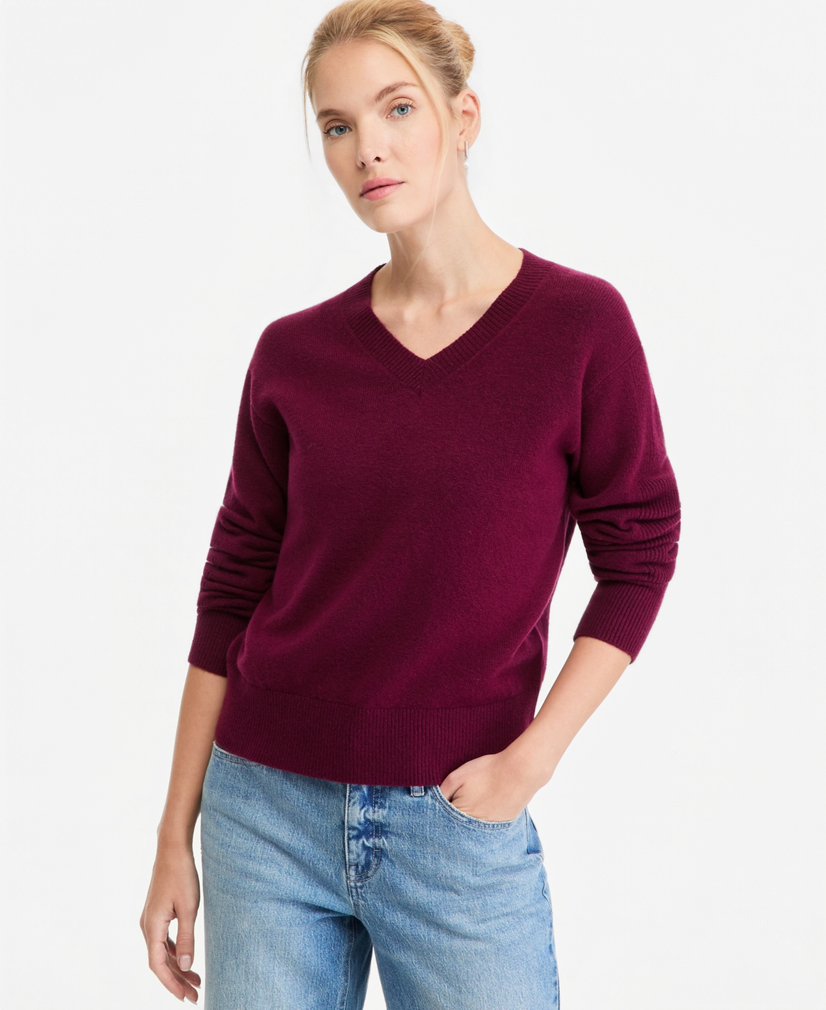 On 34th Women's V-Neck Long-Sleeve Sweater, Macy's Exclusive - Lush Plum