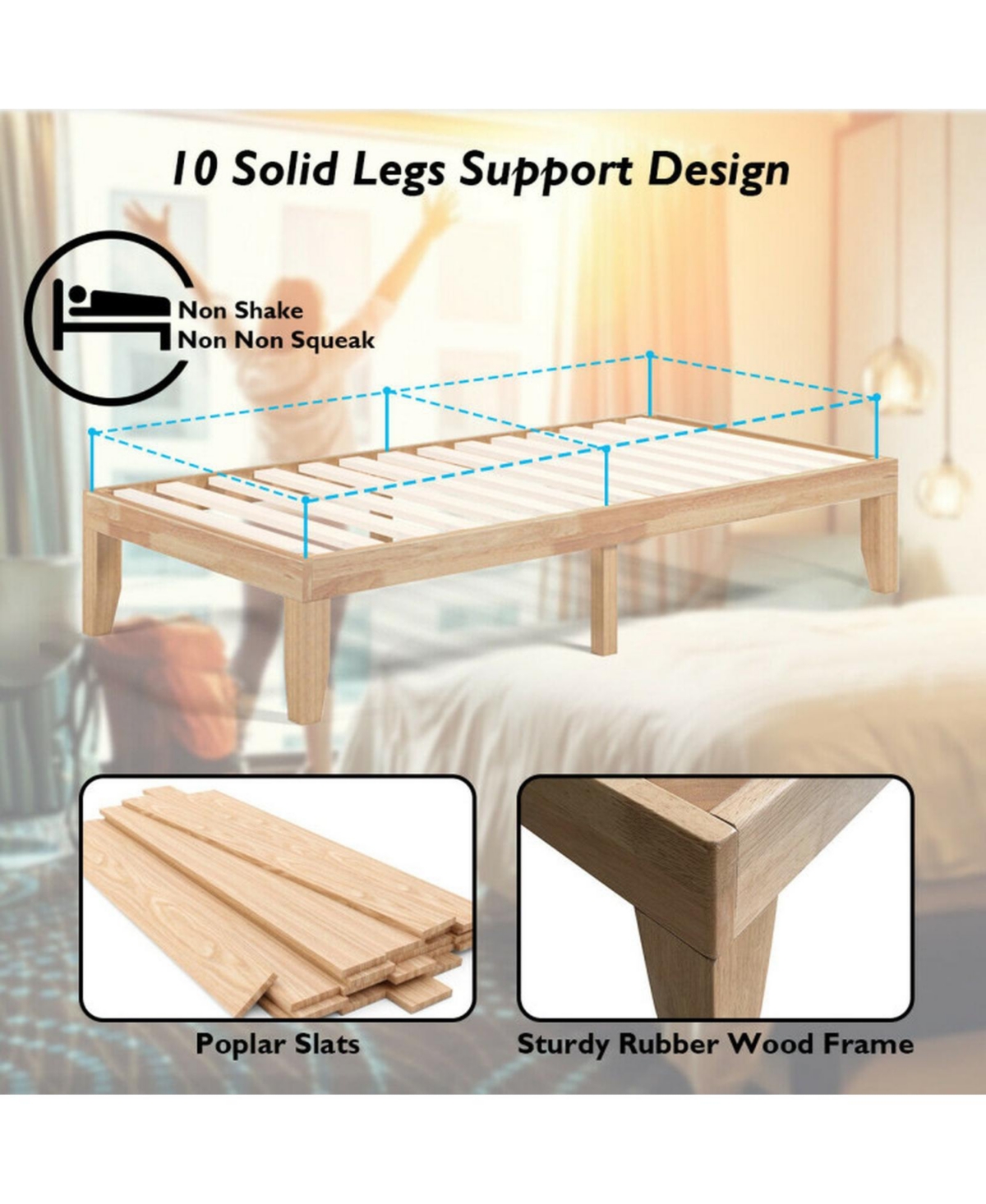 Gouun 14" Twin Size Solid Wood Platform Bed Frame with Wood Slat Support, No Box Spring Needed