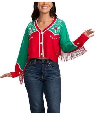Women's Christmas Cowgirl Cropped V-Neck Cardigan