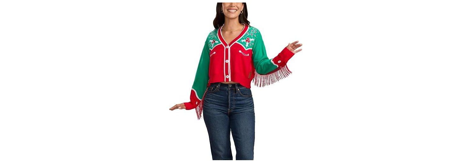 Women's Christmas Cowgirl Cropped V-Neck Cardigan