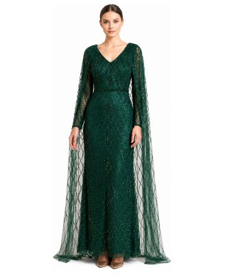 Women's V-Neck Beaded Dress with Long Cape